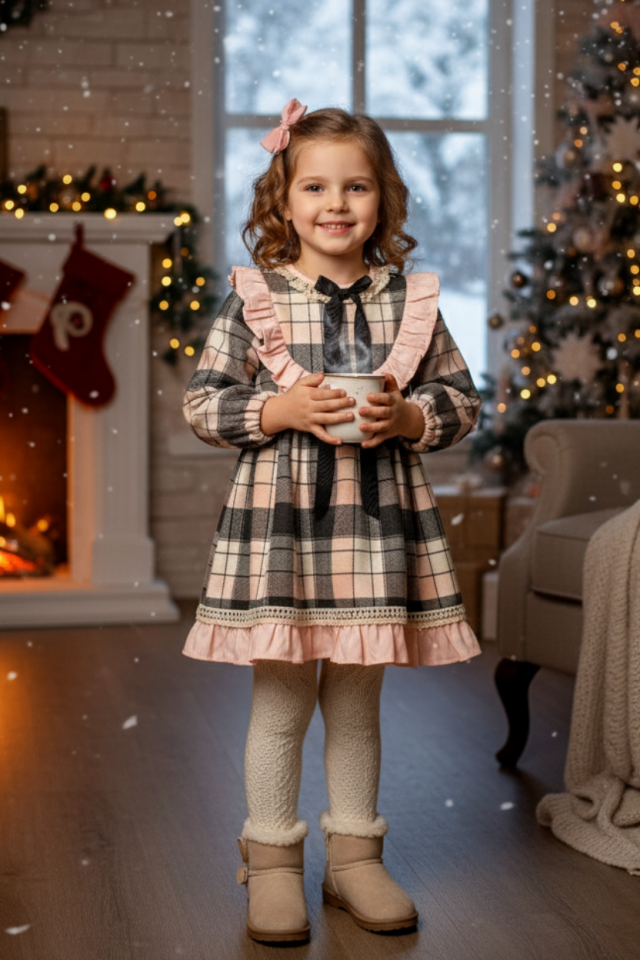 Dantel Süslemeli Kışlık Ekose Renkli Kız Çocuk Elbise