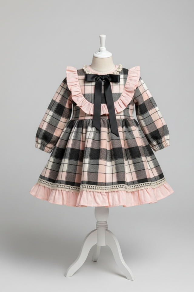 Dantel Süslemeli Kışlık Ekose Renkli Kız Çocuk Elbise
