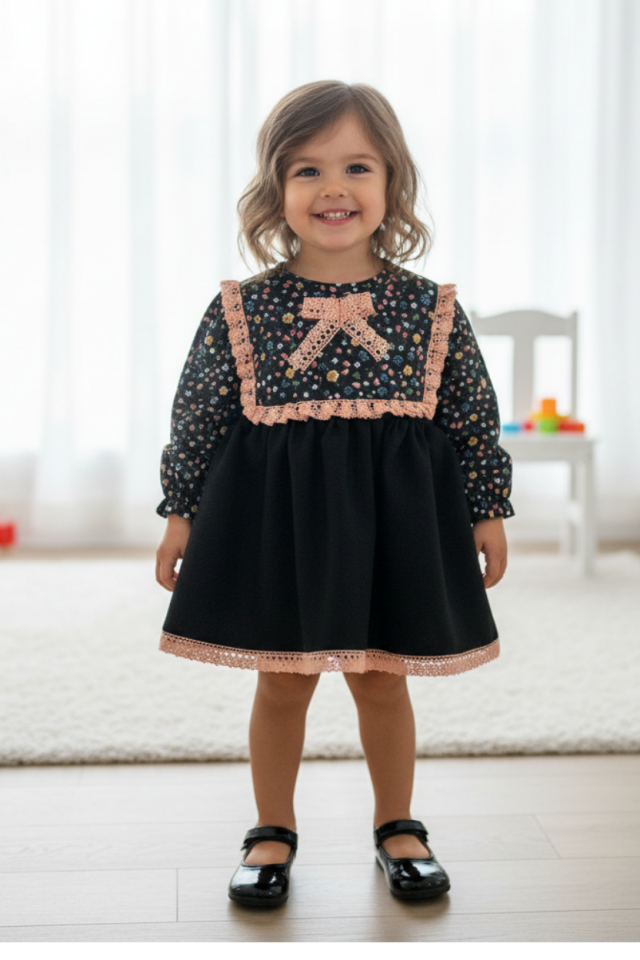 Dantel Süslemeli Pamuk Krep Siyah Kız Çocuk Bebek Elbise