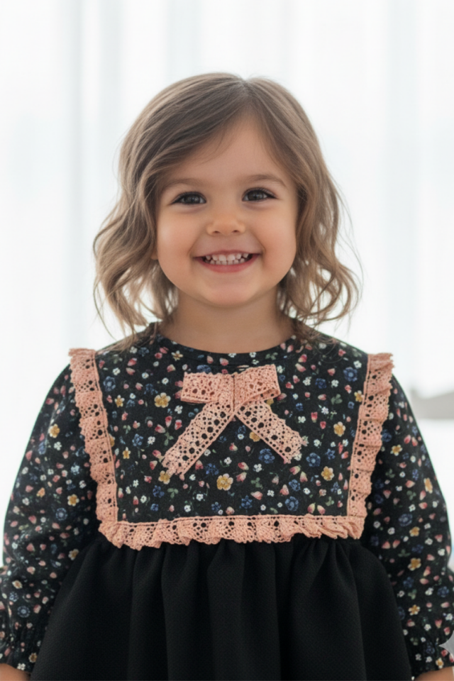 Dantel Süslemeli Pamuk Krep Siyah Kız Çocuk Bebek Elbise