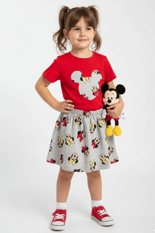 Etek Tshirt Kız Çocuk Kırmızı Penye Yazlık Takım