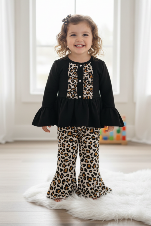 Siyah Leopar Kız Çocuk Bebek Alt Üst Takım