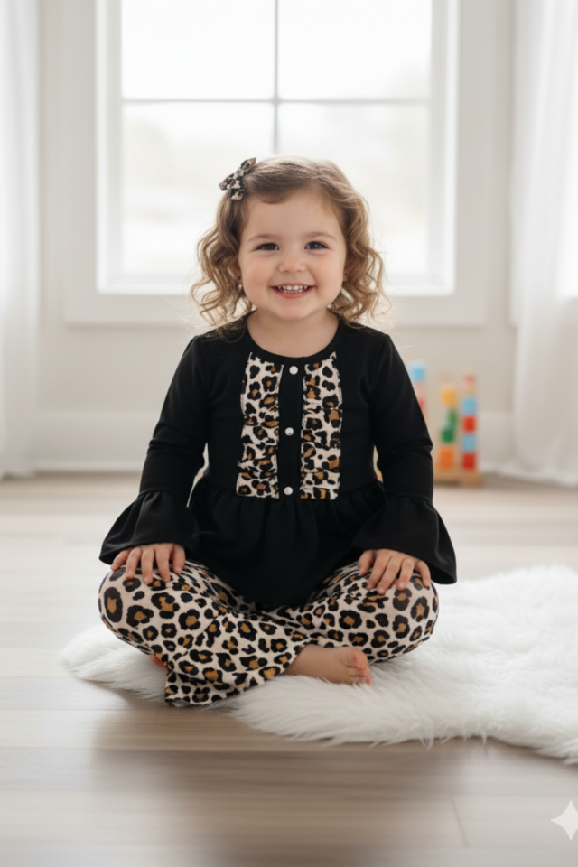 Siyah Leopar Kız Çocuk Bebek Alt Üst Takım