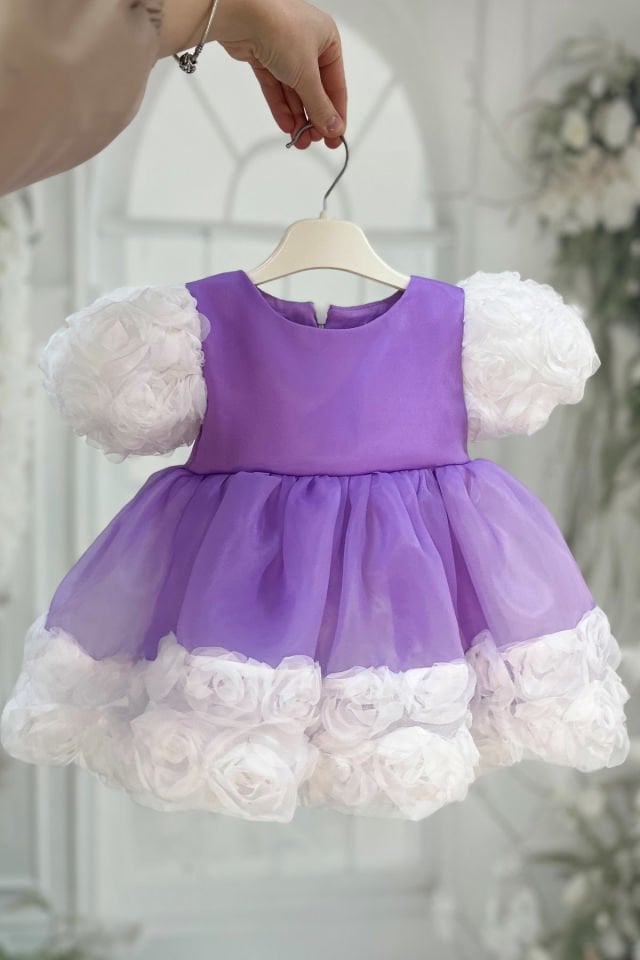 Lila Karolin Beyaz Gül Mix Kız Çocuk Bebek Abiye Elbise