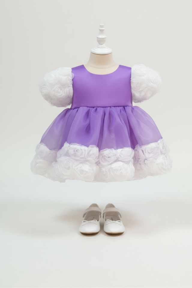 Lila Karolin Beyaz Gül Kız Çocuk Bebek Abiye Elbise