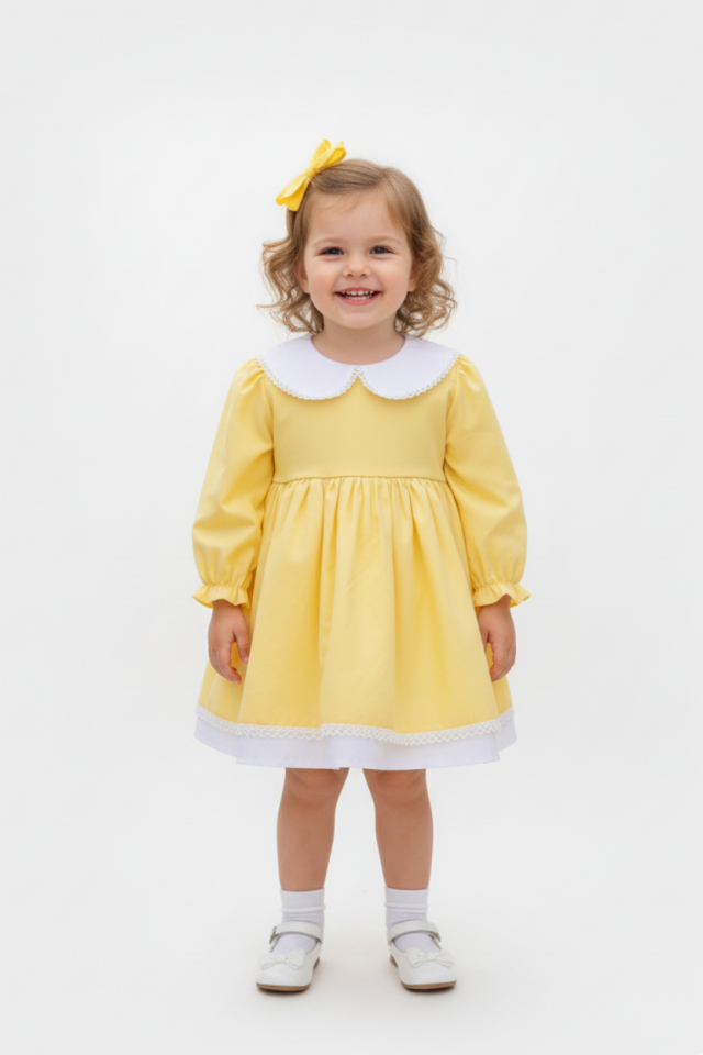Bebe Yaka Dantelli Kız Çocuk Bebek Poplin Pamuk Sarı Elbise