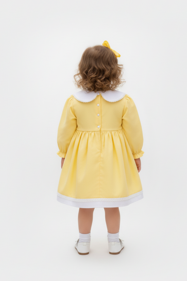 Bebe Yaka Dantelli Kız Çocuk Bebek Poplin Pamuk Sarı Elbise