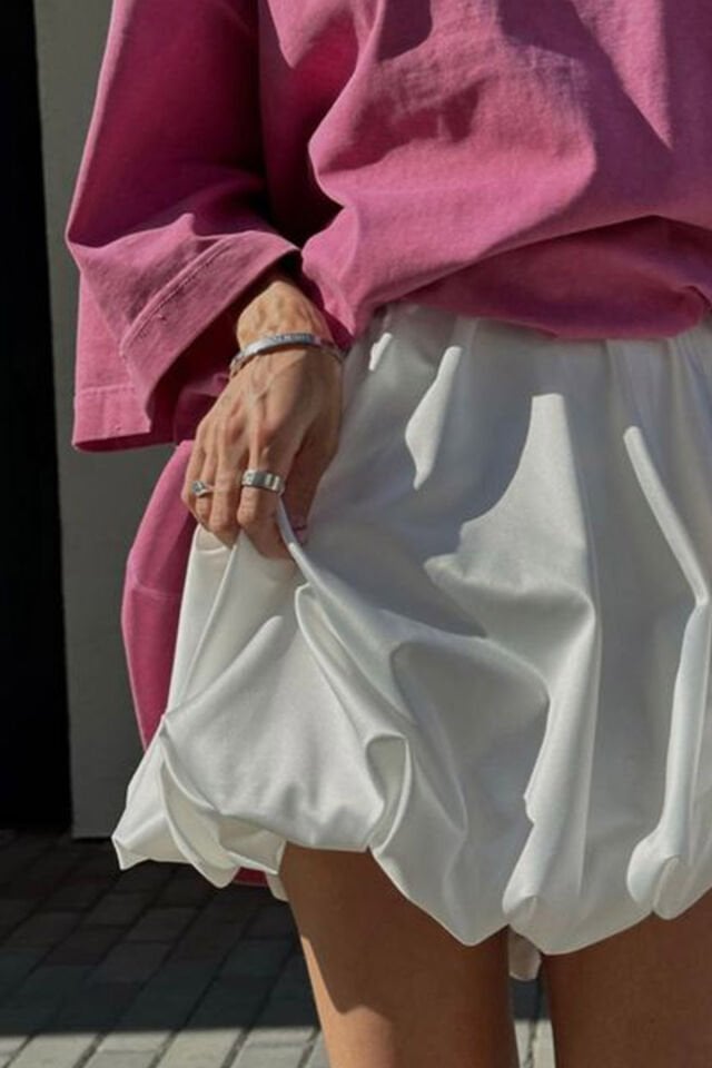 Kısa Saten Kırık Beyaz Balon Düğün Nişan Nikah Mini Etek Short Satin Off White Balloon Skirt