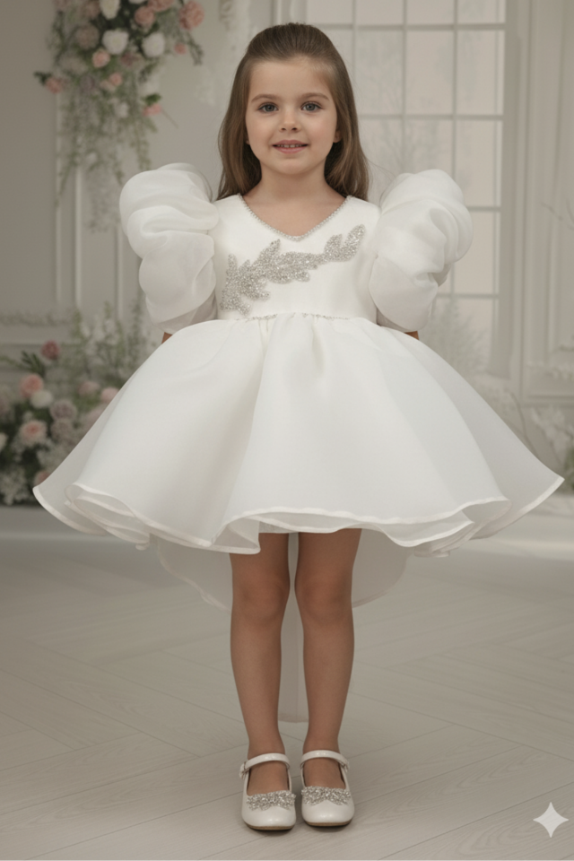 Dantel İşlemeli Beyaz Organze Kız Çocuk Kuyruklu Abiye Elbise