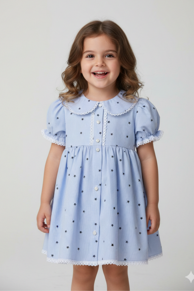Spitzenverziertes, sternenbesetztes blaues Baumwollkleid für Mädchen