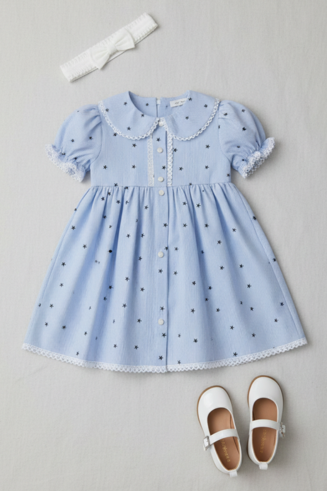 Dantel Süslemeli Yıldızlı Mavi Kız Çocuk Bebek Pamuklu Elbise
