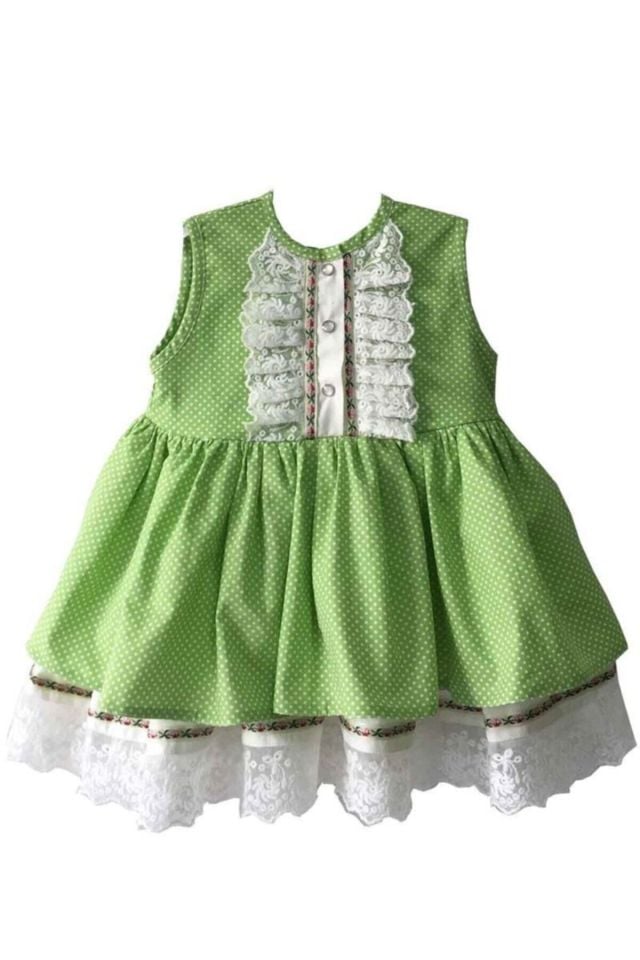 Puantiyeli Dantelli Pamuklu Yeşil Kız Çocuk Bebek Elbise