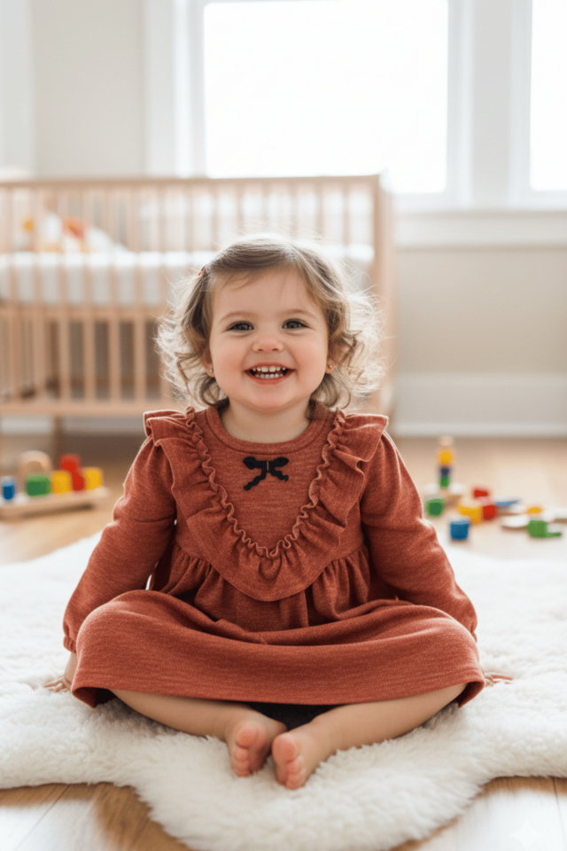 Fırfırlı Kız Çocuk Bebek Triko Tarçın Kahve Elbise