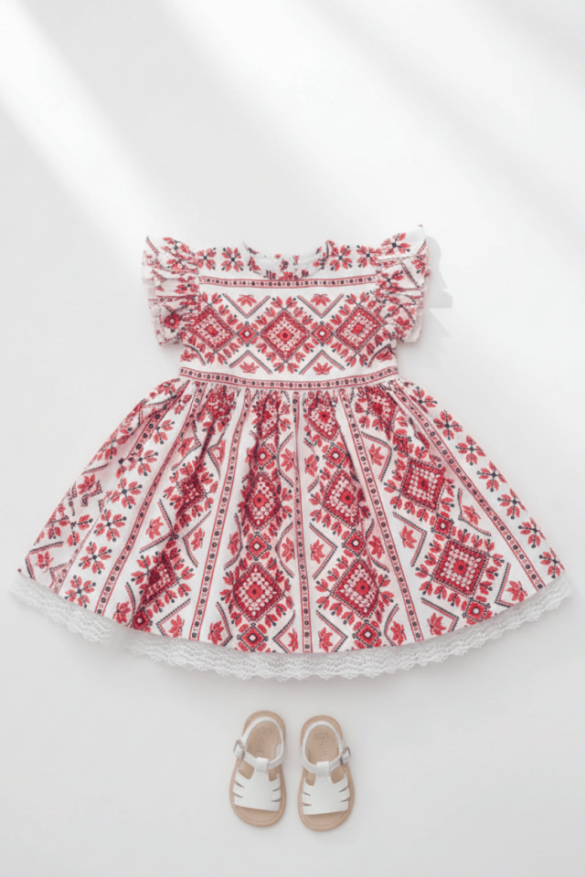 Fırfır Detaylı Etnik Desenli Poplin Kırmızı Beyaz Kız Çocuk Bebek Elbise