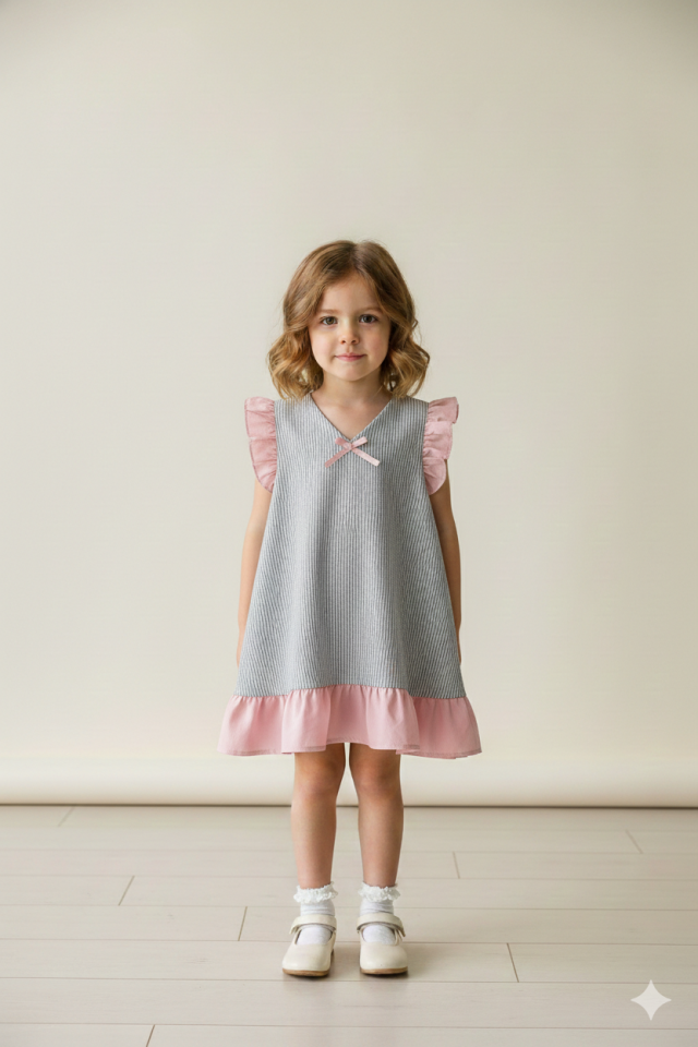 Fırfır Ve Kurdele Detaylı Kolsuz Kız Çocuk Bebek Gri Pembe Çizgili Elbise