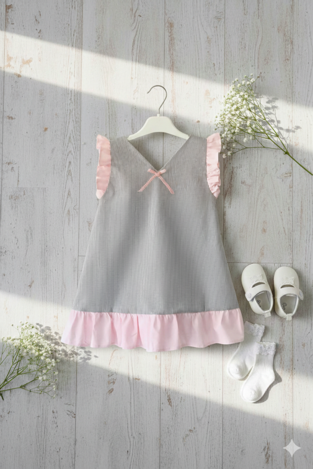 Fırfır Ve Kurdele Detaylı Kolsuz Kız Çocuk Bebek Gri Pembe Çizgili Elbise