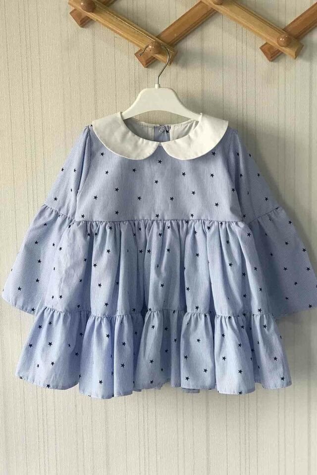 Mavi Yıldız ve Çizgi Desenli Bebe Yaka Kız Çocuk Bebek Elbise