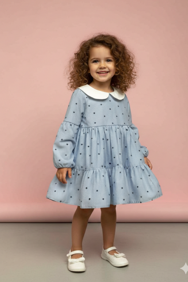 Blaues Babykleid mit Kragen und Sternen und Streifenmuster für Babymädchen