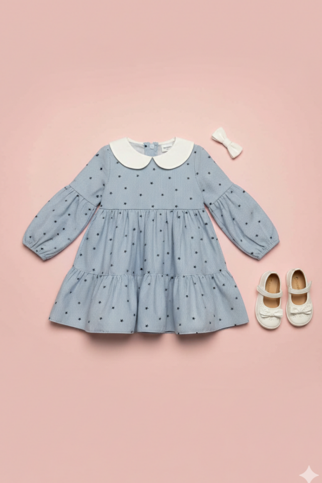 Mavi Yıldız ve Çizgi Desenli Bebe Yaka Kız Çocuk Bebek Elbise