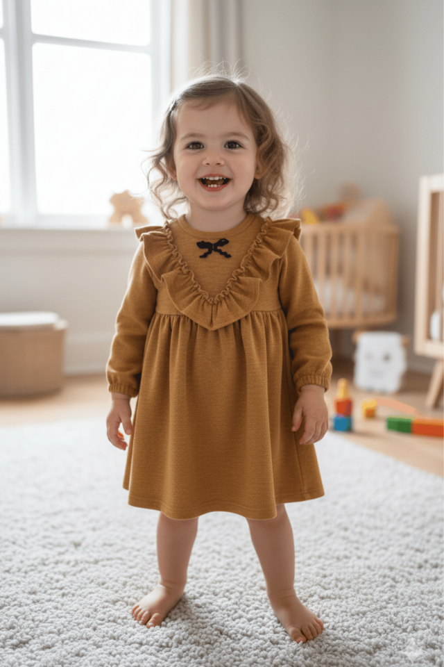 Fırfırlı Kız Çocuk Bebek Triko Hardal Sarı Elbise