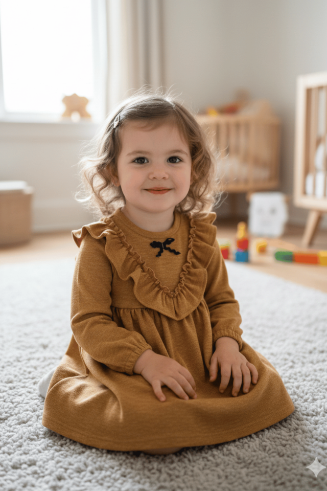 Fırfırlı Kız Çocuk Bebek Triko Hardal Sarı Elbise