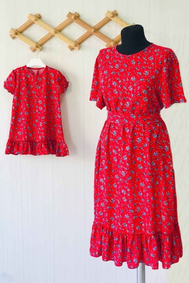 Gathered Pomegranate Flower Mother Daughter Baby Cotton Dress