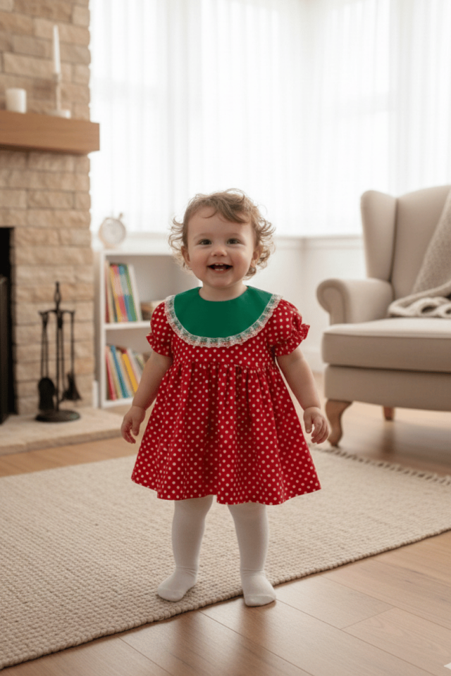 Yeşil Krep Yaka Dantel Detaylı Kız Çocuk Bebek Çilek Pamuk Elbise