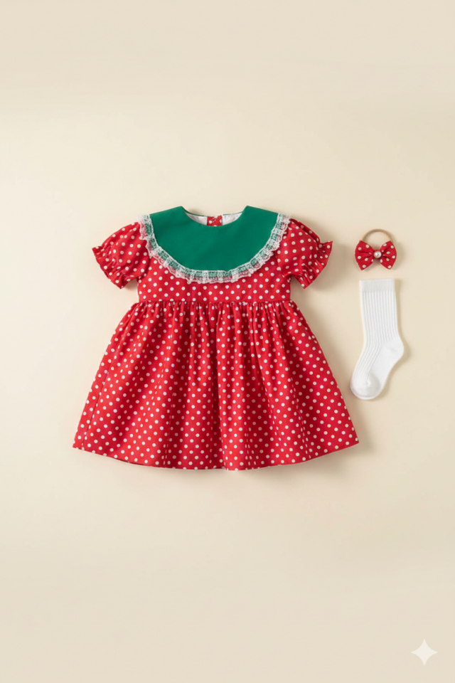 Yeşil Krep Yaka Dantel Detaylı Kız Çocuk Bebek Çilek Pamuk Elbise