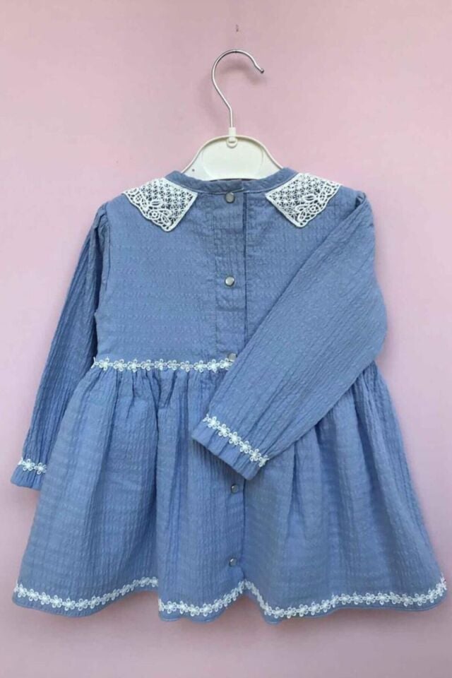 Dantel Yaka Detaylı Mavi Kız Çocuk Bebek Pamuklu Elbise
