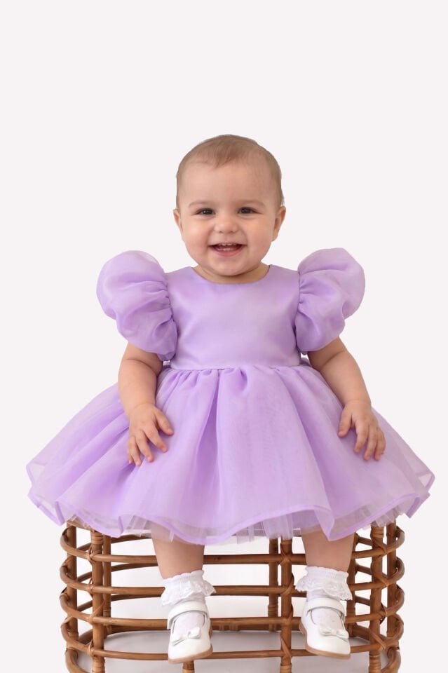 Lila Karolin Pamuk Astar Kız Bebek Çocuk Romper Külotlu Abiye Elbise