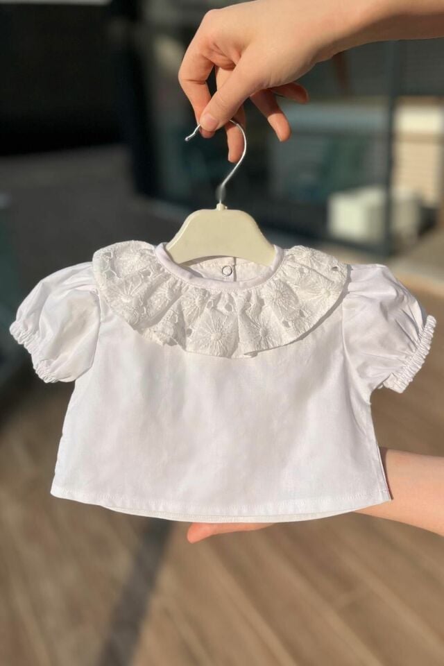 Scallop Collar Cotton Girl Baby White Blouse Short Sleeve Top