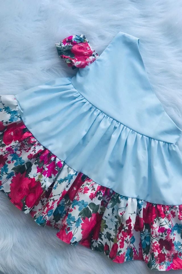Tek Omuz Yarım Kol Bebe Mavisi Renkli Çiçekli Fiyonklu Kız Çocuk Bebek Tasarım Elbise