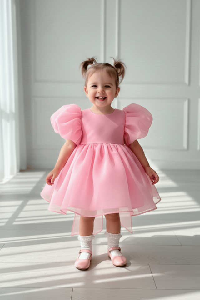 Balon Kol Kız Çocuk Bebek Şeker Pembe Organze Abiye Elbise