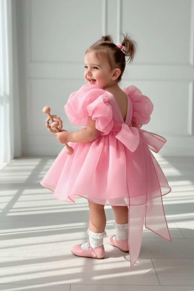Balon Kol Kız Çocuk Bebek Şeker Pembe Organze Abiye Elbise