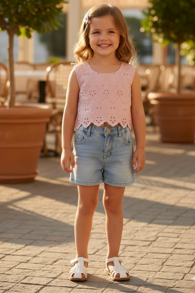 Sleeveless Dusty Rose Cutwork Fabric Girl Baby Crop Top Blouse