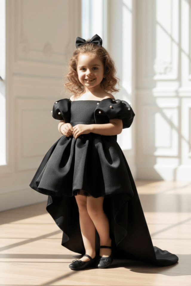 Kuyruklu İncili Kol Kız Çocuk Abiye Saten Siyah Elbise