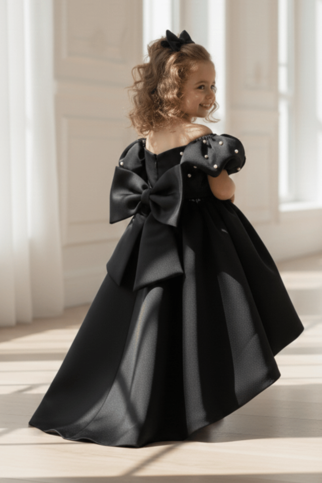 Kuyruklu İncili Kol Kız Çocuk Abiye Saten Siyah Elbise