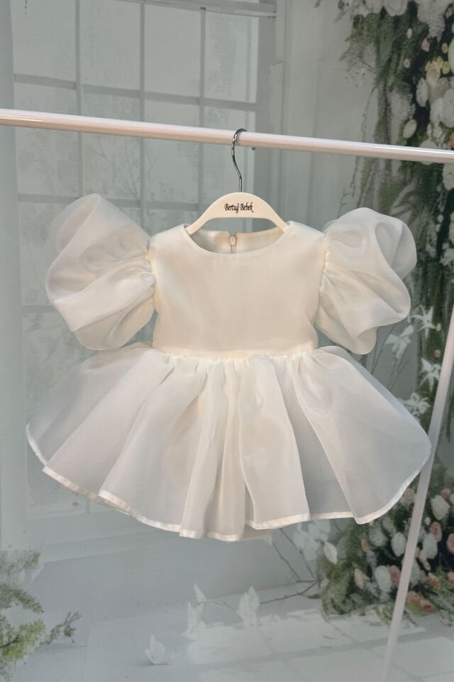 Beyaz Karolin Organze Kız Bebek Çocuk Romper Külotlu Abiye Elbise