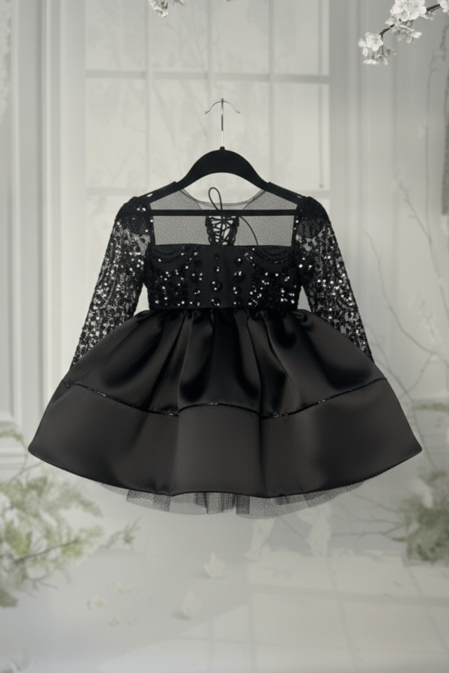 Boncuk Dantelli Kız Çocuk Bebek Kabarık Siyah Elbise