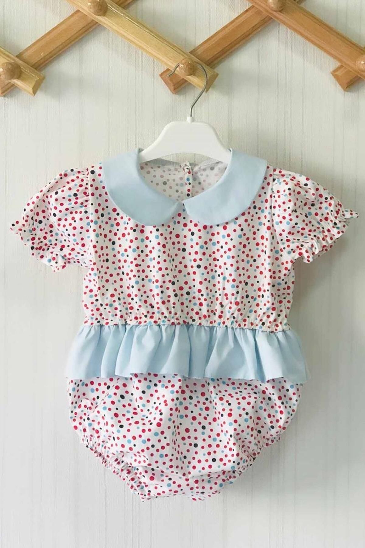 Fırfırlı Bebe Yaka Renkli Puantiyeli Kız Çocuk Bebek Tulum Ve Bandana Takımı