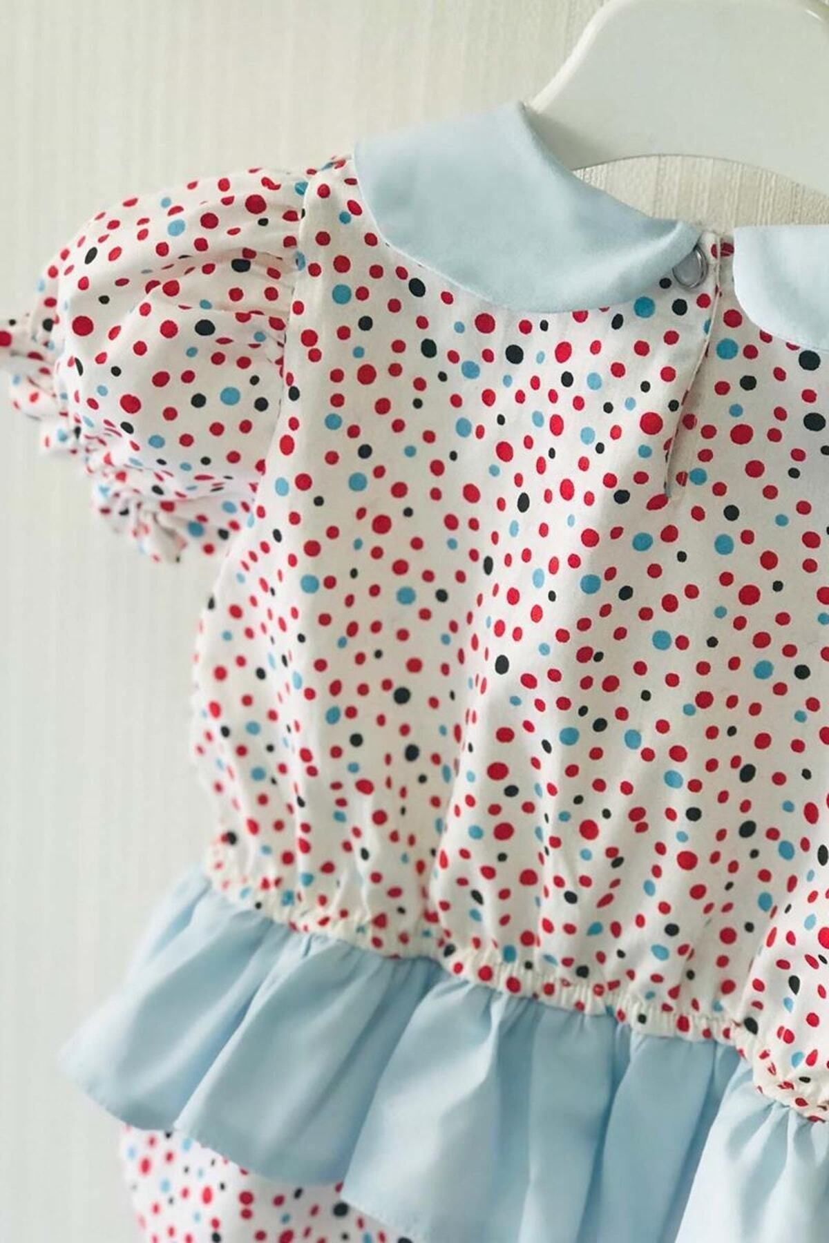 Fırfırlı Bebe Yaka Renkli Puantiyeli Kız Çocuk Bebek Tulum Ve Bandana Takımı
