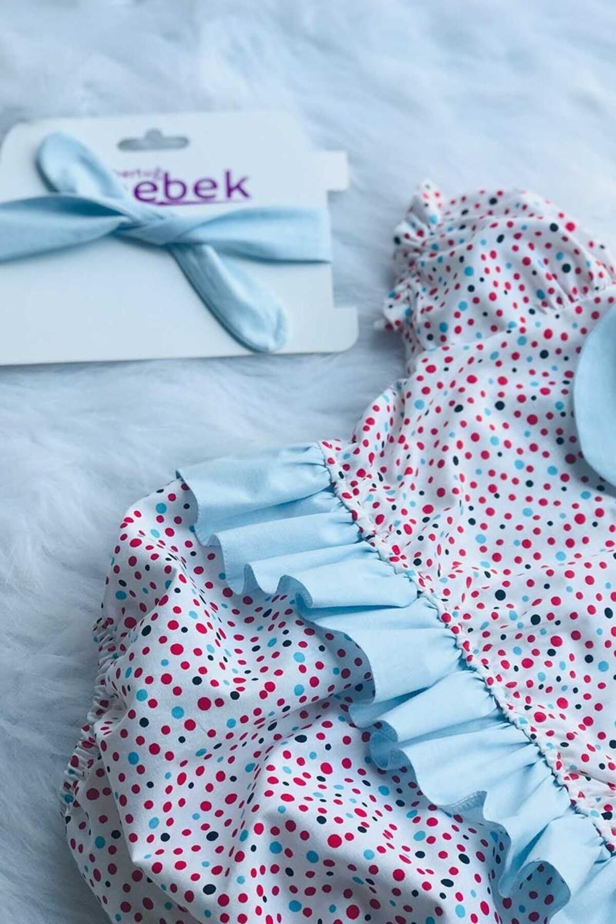 Fırfırlı Bebe Yaka Renkli Puantiyeli Kız Çocuk Bebek Tulum Ve Bandana Takımı
