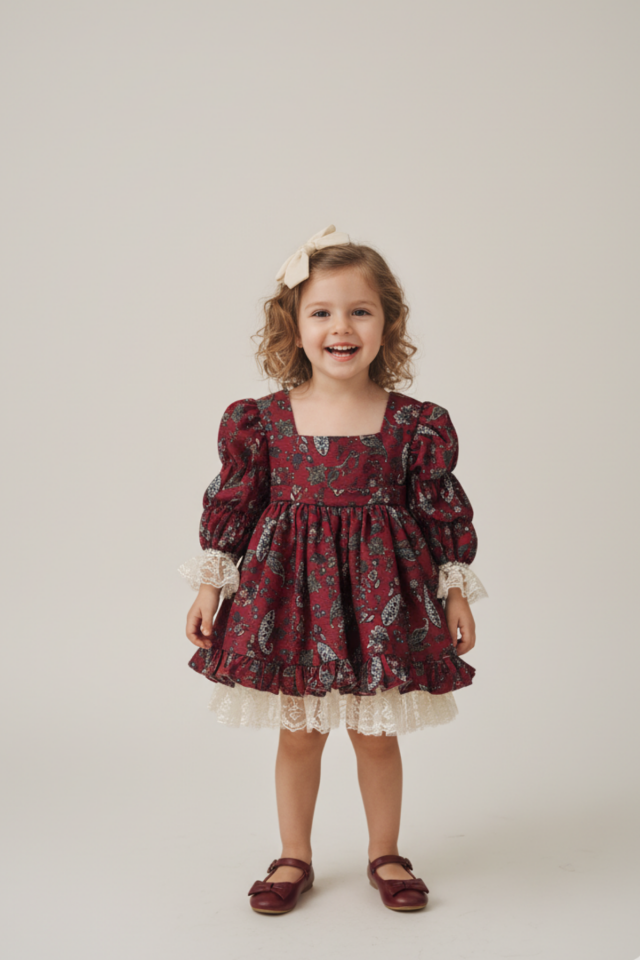 Şal Desenli Dantelli Kadife Kız Çocuk Bebek Abiye Tasarım Fitilli Bordo Elbise