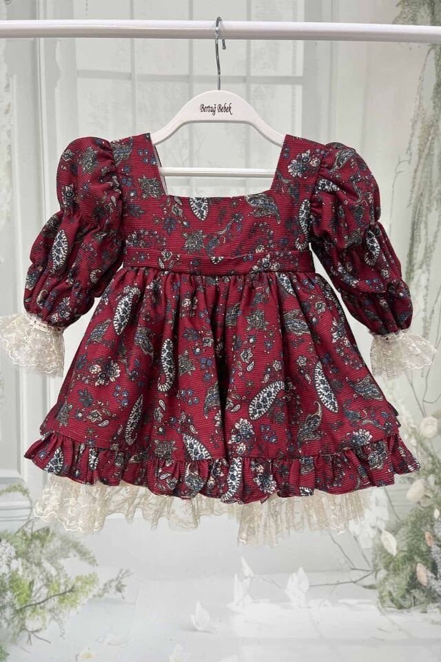 Şal Desenli Dantelli Kadife Kız Çocuk Bebek Abiye Tasarım Fitilli Bordo Elbise