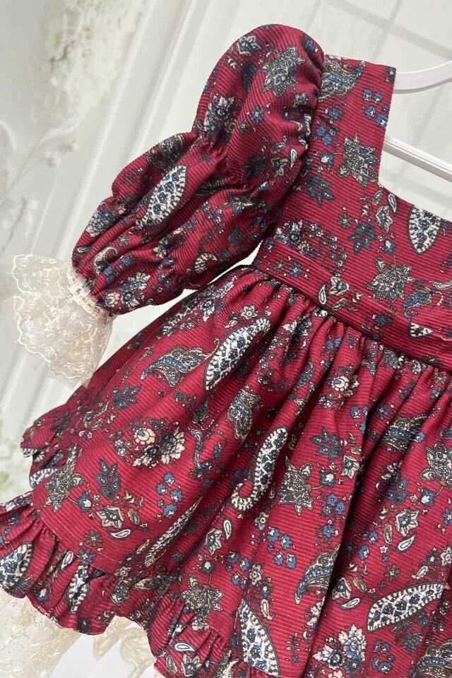 Şal Desenli Dantelli Kadife Kız Çocuk Bebek Abiye Tasarım Fitilli Bordo Elbise