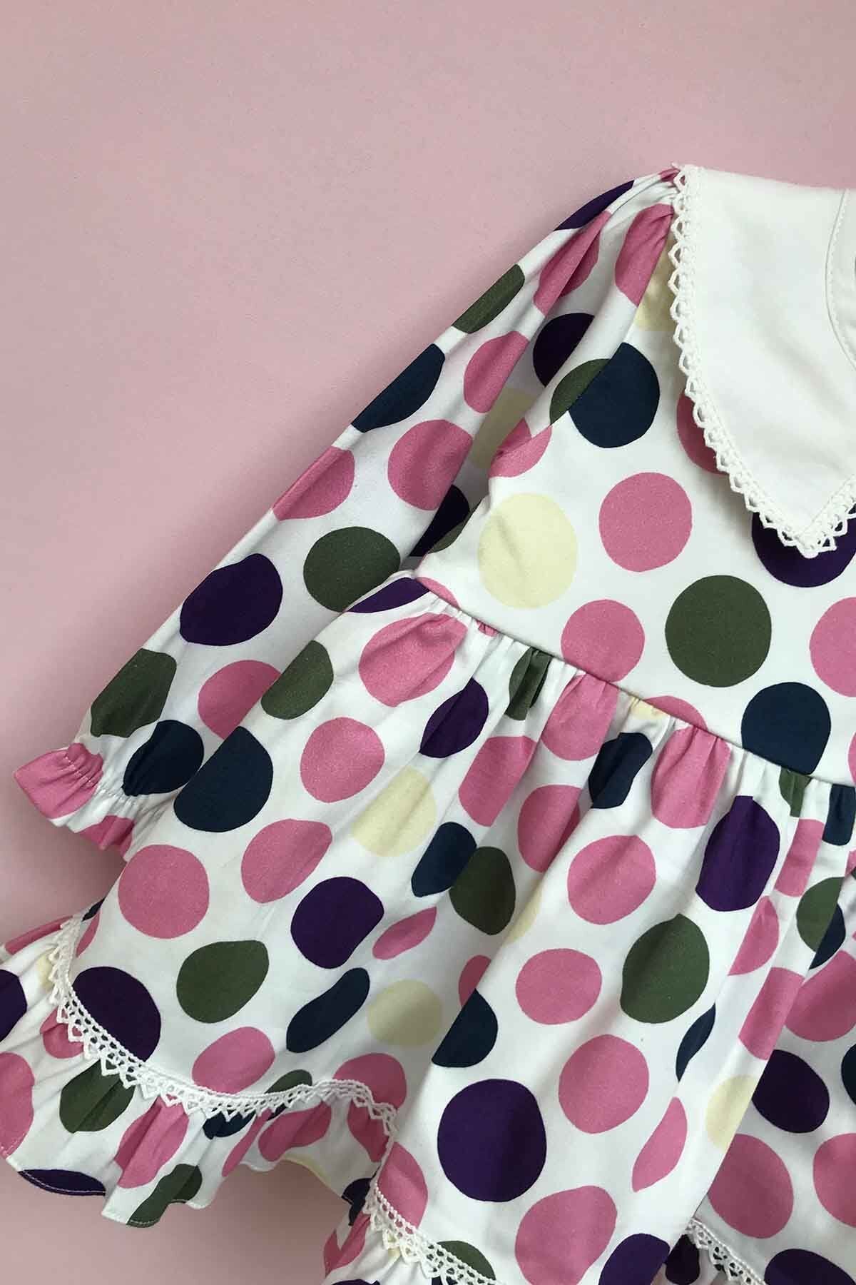 Beyaz Yaka Dantel Detaylı Puantiyeli Renkli Kız Çocuk Bebek Elbise