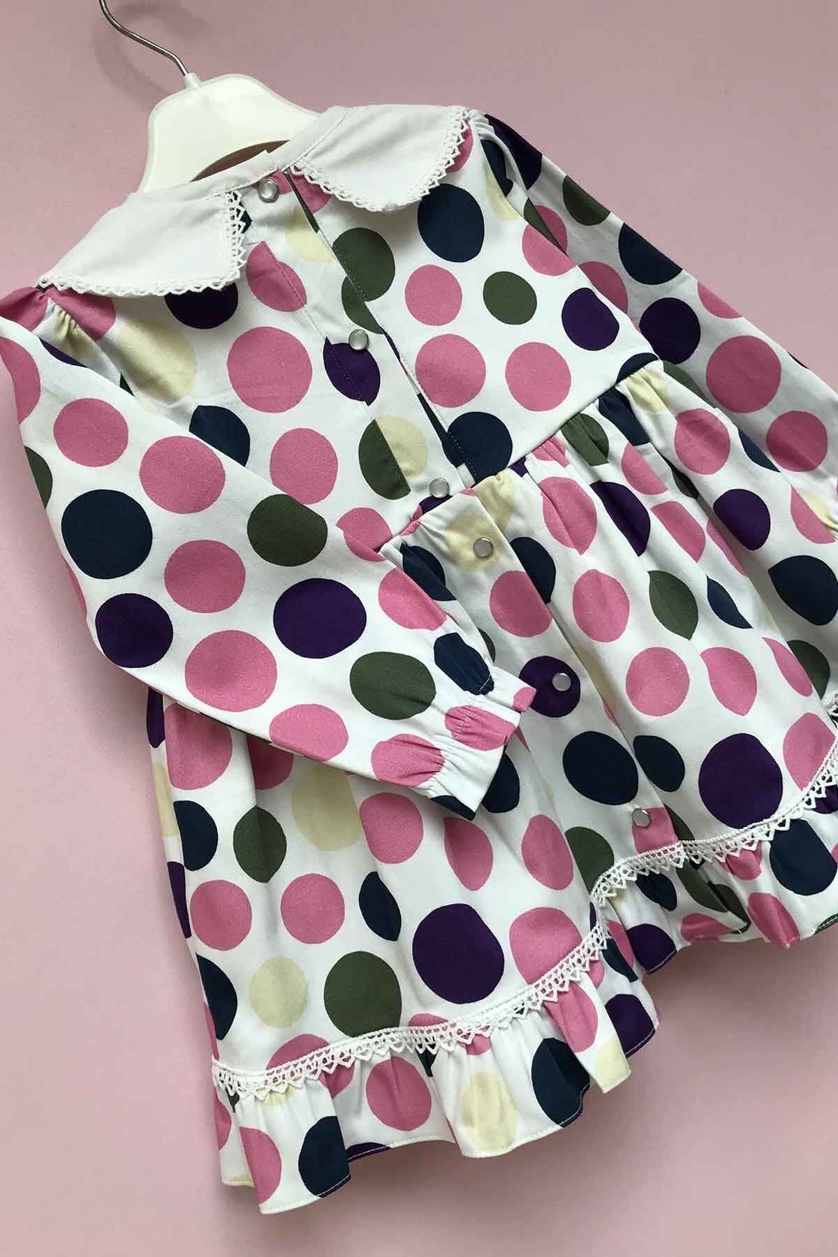 Beyaz Yaka Dantel Detaylı Puantiyeli Renkli Kız Çocuk Bebek Elbise