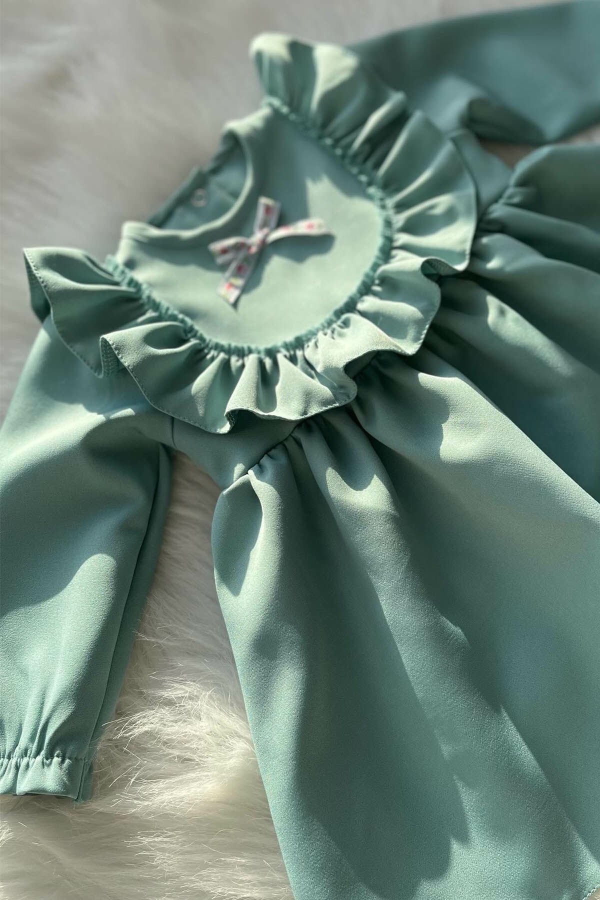 Mint Green Ruffle and Lace Detailed Vintage Crepe Design Girl Baby Dress