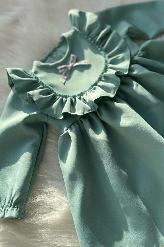 Mint Green Ruffle and Lace Detailed Vintage Crepe Design Girl Baby Dress
