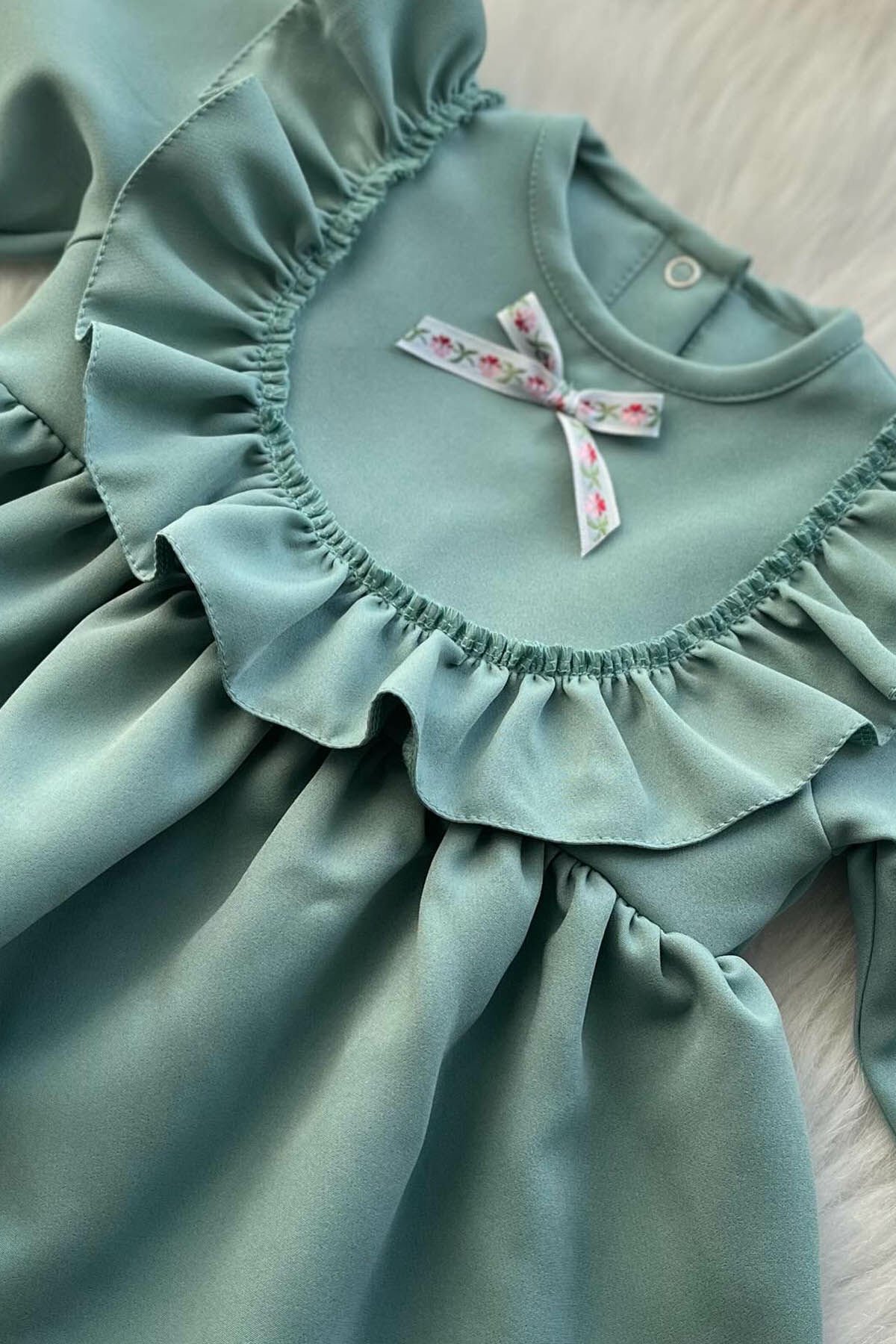 Mint Green Ruffle and Lace Detailed Vintage Crepe Design Girl Baby Dress